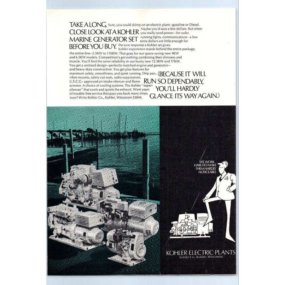 1971 Kohler Marine Genset Generator Vintage Print Ad Yachting Nautical Wall Art